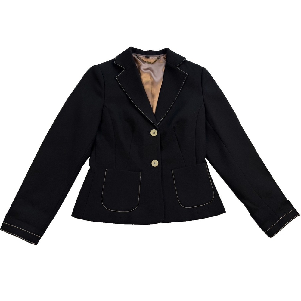 Boden Women's Sz 10 Black 100% Wool Blazer Contrast Stitch Dark Academia Preppy